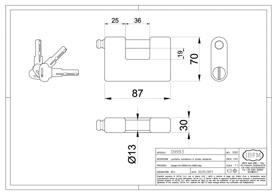 Lucchetto Monoblocco - disegno tecnico