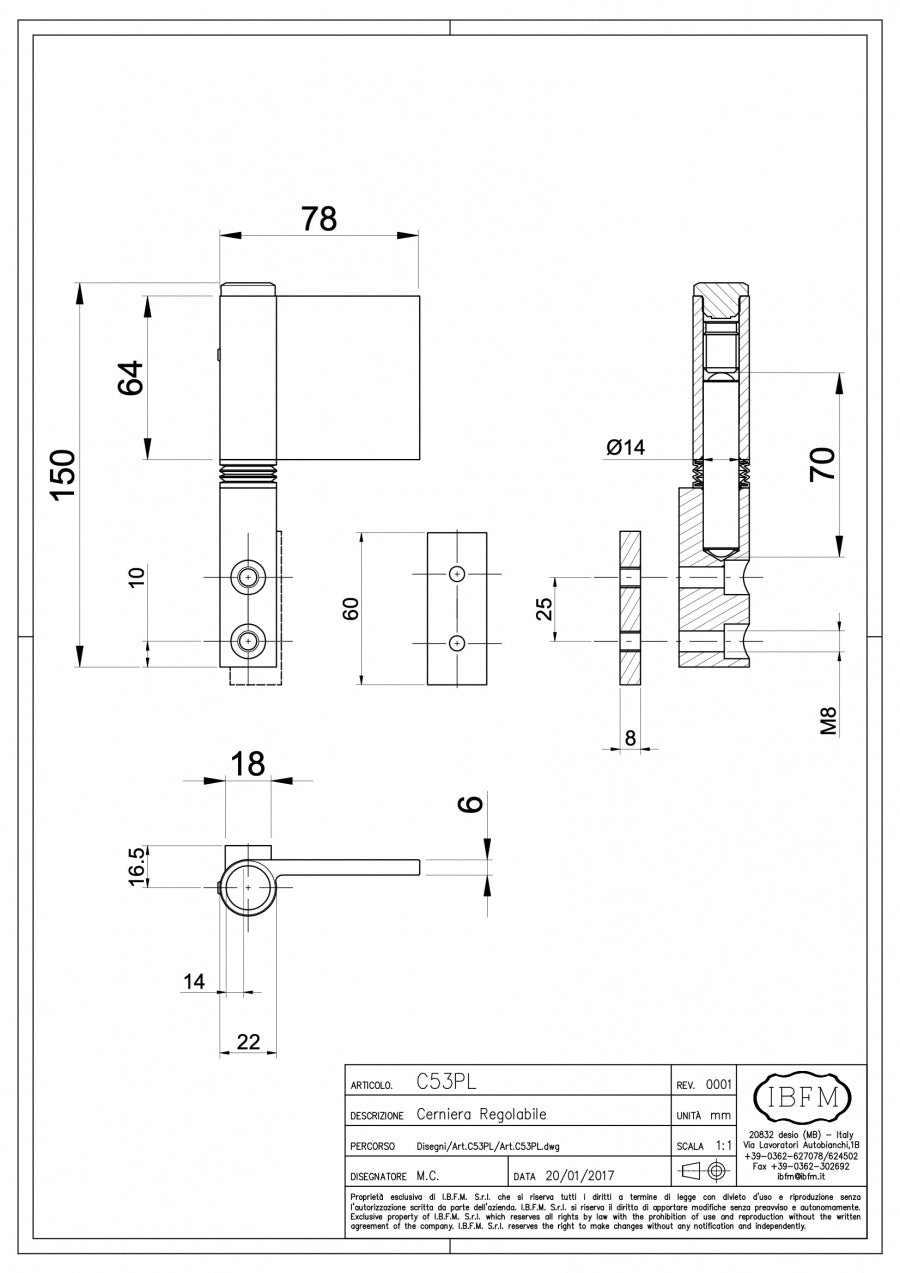Cerniera Regolabile Destra o Sinistra - Perno Lungo - disegno tecnico